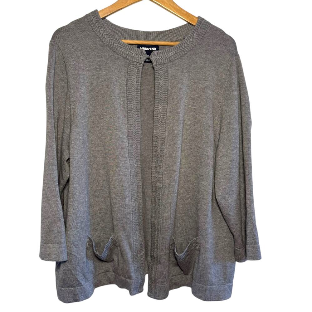 Lands Ends Plus Size Gray Open Front Hook & Eye Cotton Blend Sweater 1X